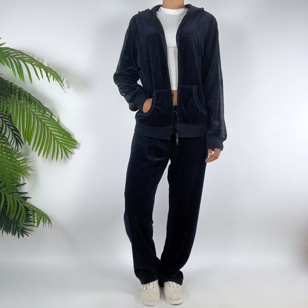 Women's Vintage Y2K Navy Velour Sporty Casual 2000s Two Piece Track Suit / M